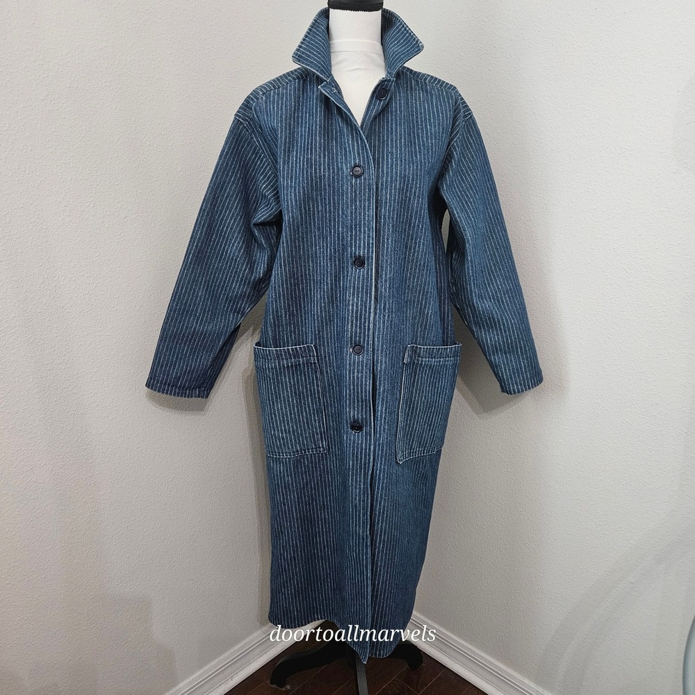 VTG '90s Heavy Railroad Stripe Denim Duster sz XL? Coat Oversized Chore Utility